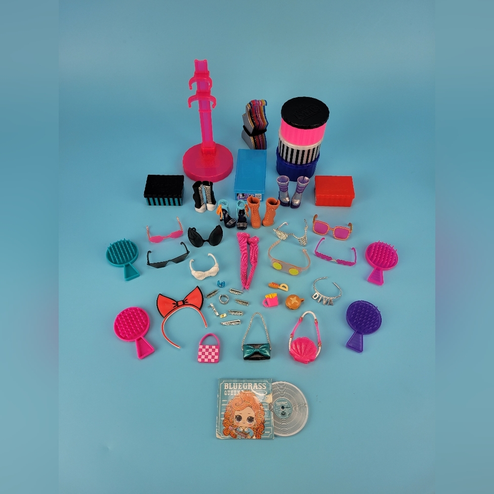 LOL OMG Doll Accessories Lot Of 44 Headbands Glasses Jewelry Shoes Boxes Hangers
